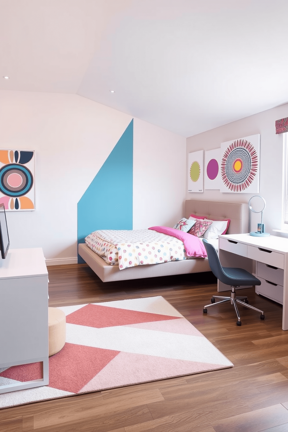 Sleek contemporary design featuring geometric shapes in a girls bedroom. The room includes a platform bed with a unique headboard and colorful bedding that adds a playful touch. A large geometric rug anchors the space, while a minimalist desk with a stylish chair provides a study area. The walls are painted in soft pastels, and decorative wall art showcases vibrant patterns and shapes.