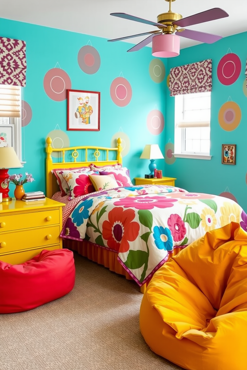 A vibrant girls bedroom filled with retro style elements. The walls are painted in a bright turquoise, and bold patterned wallpaper features geometric shapes. A cozy bed is dressed in a colorful quilt with large floral prints. A vintage dresser in sunny yellow complements the playful decor, and oversized bean bags provide comfortable seating.