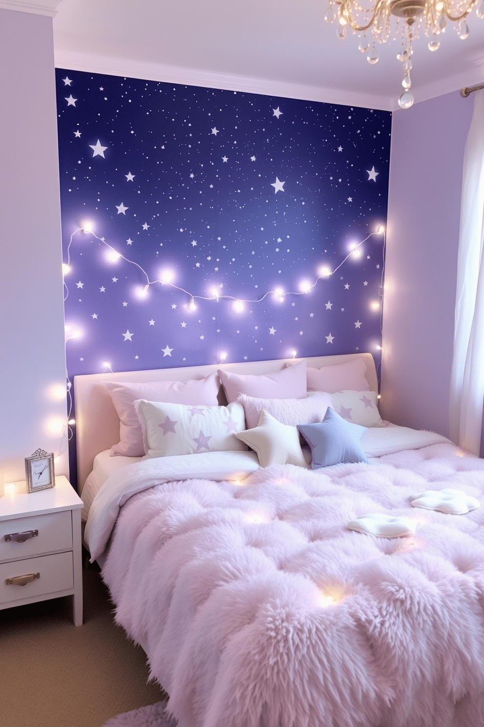 A dreamy celestial theme with starry decor features a soft pastel color palette dominated by shades of lavender and pale blue. The walls are adorned with twinkling star decals, and a large mural of a night sky creates a whimsical backdrop. A plush bed is dressed in a fluffy comforter with cloud patterns, complemented by an array of star-shaped pillows. Twinkling fairy lights are draped around the window, adding a magical glow to the space.