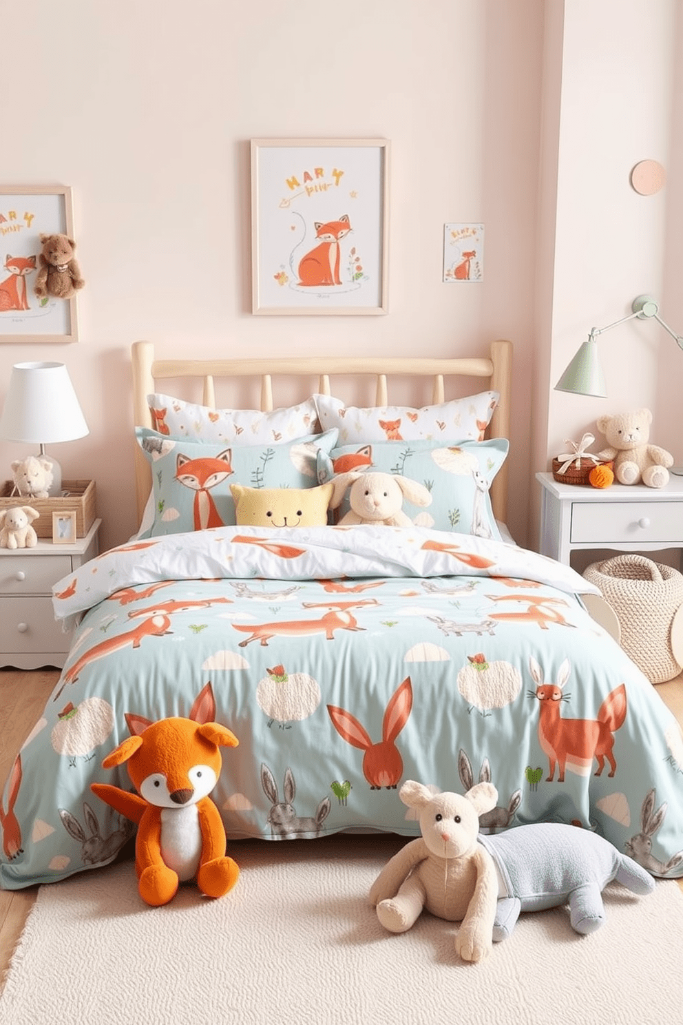 A whimsical girls bedroom featuring bedding with cute animal motifs such as playful foxes and cheerful rabbits. The decor includes wall art with colorful illustrations of animals and plush toys scattered throughout the room for a cozy touch.