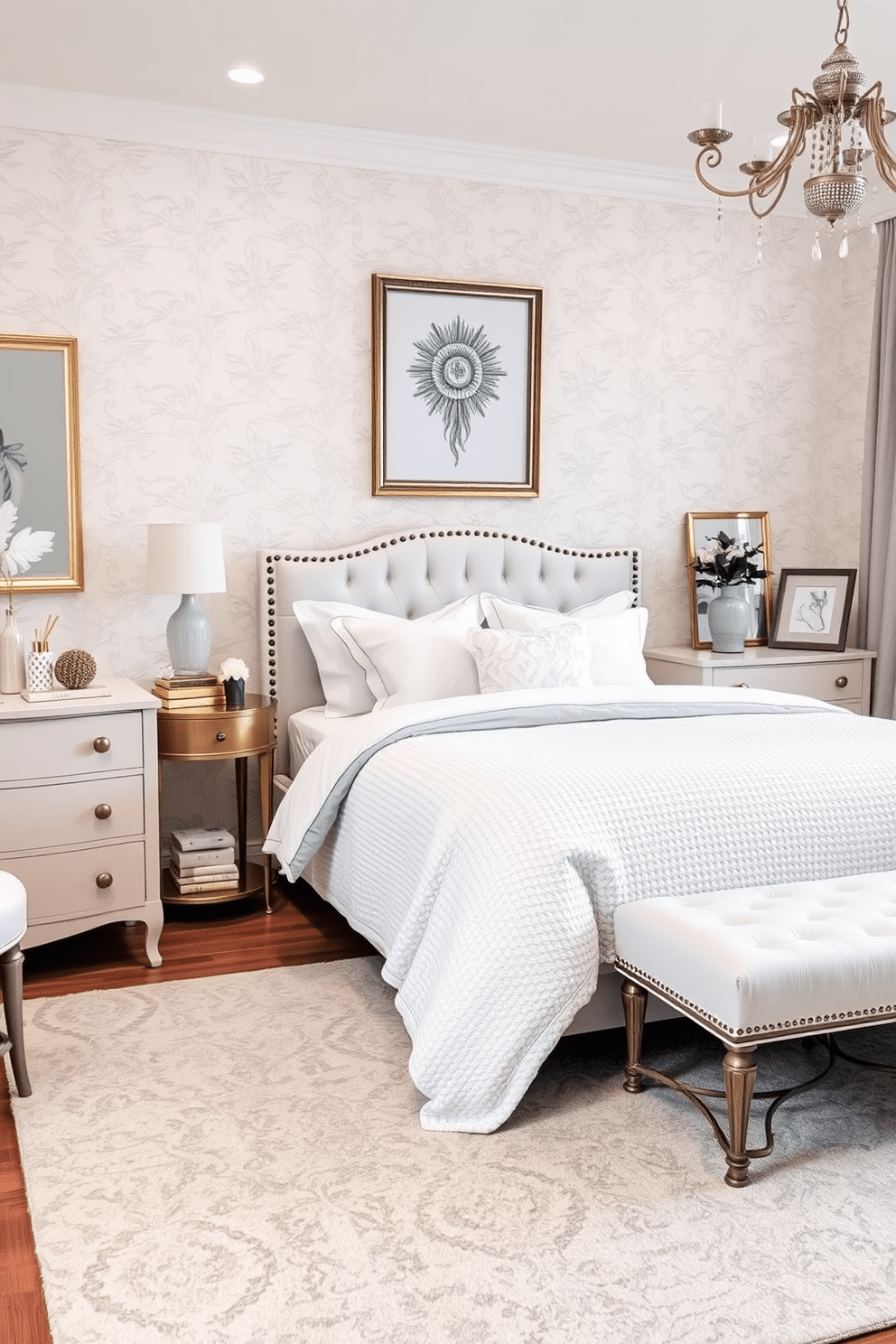 An elegant girls bedroom designed with a monochrome palette featuring soft shades of white and gray. The room includes a plush bed with a textured duvet, surrounded by stylish furniture that complements the color scheme. The walls are adorned with delicate wallpaper that adds subtle depth, while a cozy area rug enhances the warmth of the space. Decorative elements such as framed art and chic accessories create a sophisticated yet playful atmosphere.