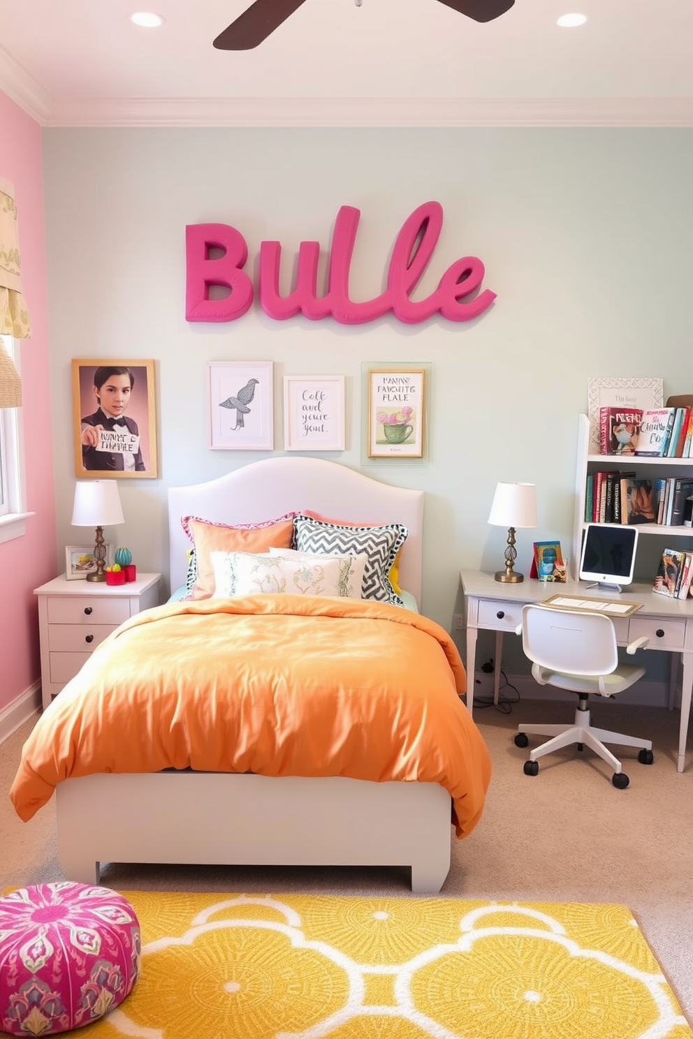 A charming girls bedroom designed with a personalized touch. The walls are painted in a soft pastel color, adorned with the girl's name in playful, custom lettering above the bed. A cozy bed features a fluffy comforter in bright colors, complemented by an array of decorative pillows. A stylish study area is set up with a desk and chair, decorated with inspiring artwork and bookshelves filled with her favorite stories.