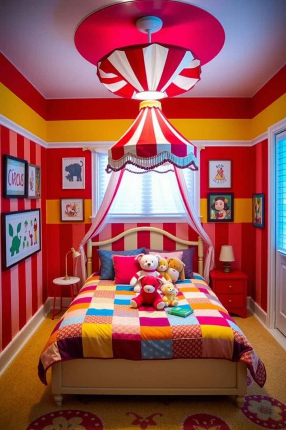 A vibrant girls bedroom featuring a fun circus theme. The walls are painted in bold stripes of red and yellow, and circus-themed artwork adorns the space. A cozy bed with a colorful patchwork quilt is positioned in the center, surrounded by plush stuffed animals. A whimsical ceiling light shaped like a circus tent hangs above, adding playful charm to the room.