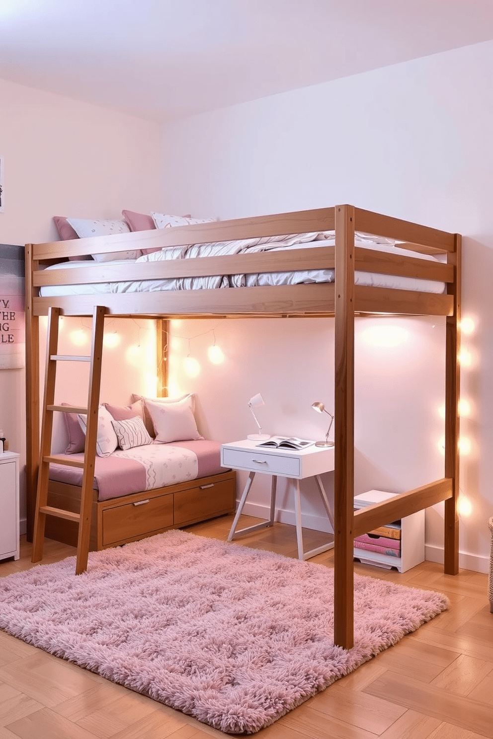 A stylish loft bed setup features a sleek wooden frame elevated to create a cozy reading nook underneath. Soft pastel colors dominate the room, with decorative pillows and fairy lights adding a whimsical touch. The bedding is adorned with playful patterns, while a small desk is positioned nearby for homework and creative projects. A plush area rug in a coordinating color ties the space together, providing comfort and warmth.