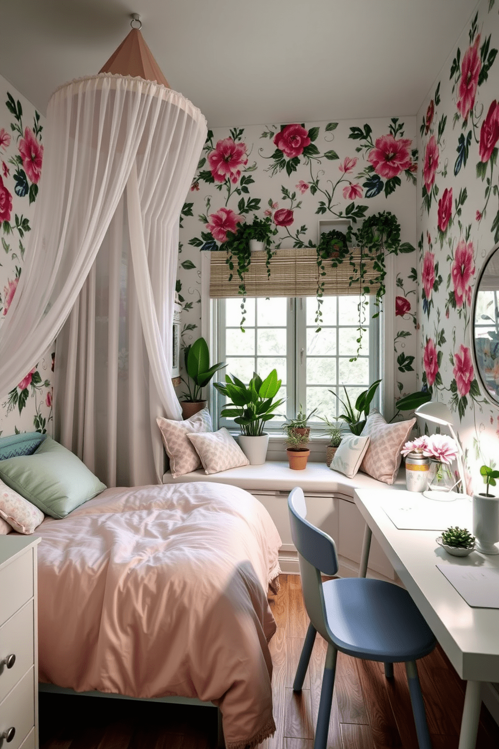 A nature-inspired girls bedroom featuring floral wallpaper adorned with vibrant blossoms and leafy patterns. The room includes a cozy bed with a pastel-colored duvet and plush pillows, complemented by a whimsical canopy above. A reading nook is created by a window seat filled with cushions, surrounded by potted plants and soft lighting. The space is completed with a stylish desk for study, decorated with cute stationery and a vase of fresh flowers.