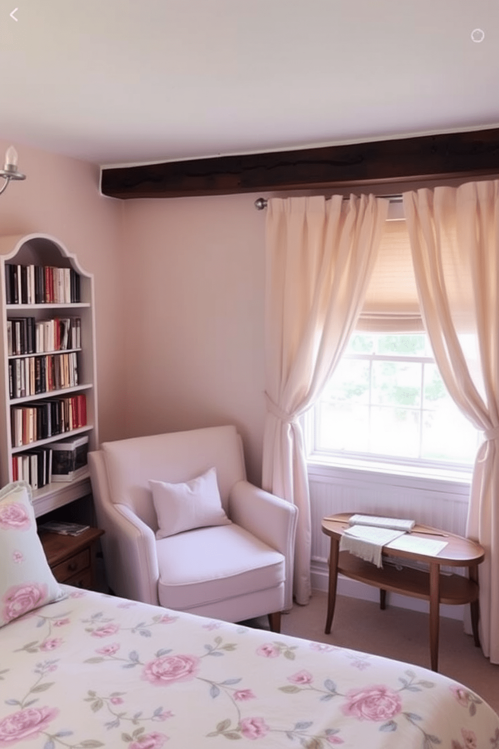 Charming cottage style with soft colors. The room features a cozy bed with a floral duvet and pastel-colored pillows, complemented by a vintage wooden headboard. A small reading nook is set up in the corner with a plush armchair and a whimsical bookshelf filled with colorful books. Delicate curtains in light fabrics frame the window, allowing soft natural light to filter in.