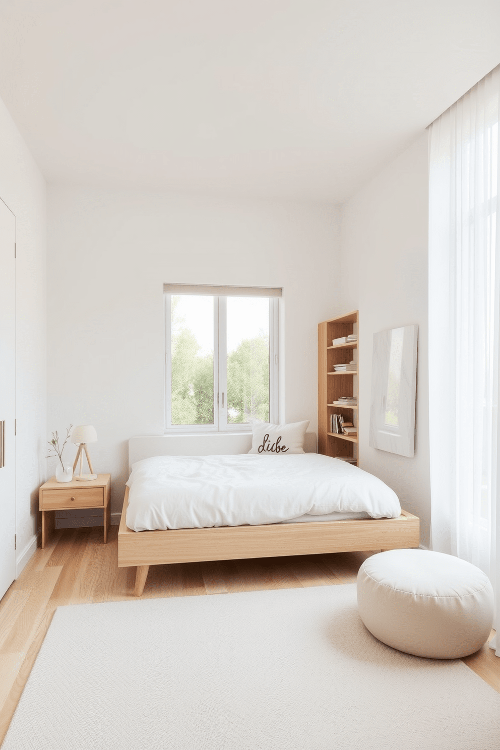 A serene girls bedroom featuring minimalist design with sleek lines. The room is adorned with a low-profile bed and a simple nightstand, both in light wood tones. Soft pastel colors dominate the walls, creating a calming atmosphere. A large window allows natural light to flood the space, highlighting a cozy reading nook with a plush chair and a small bookshelf.