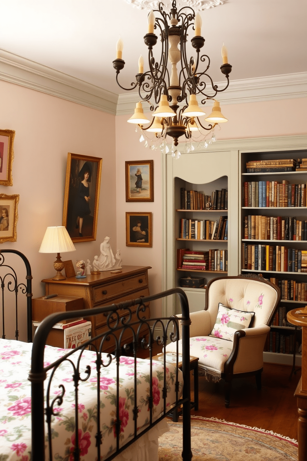 A vintage style girls bedroom featuring an antique wrought iron bed with a floral patterned quilt. The walls are painted in soft pastel shades, adorned with vintage framed artwork and a collection of delicate porcelain figurines on a wooden dresser. A cozy reading nook is created with an antique armchair and a small side table, surrounded by bookshelves filled with classic children's books. Soft, warm lighting from a vintage chandelier casts a gentle glow, enhancing the charming and nostalgic atmosphere.