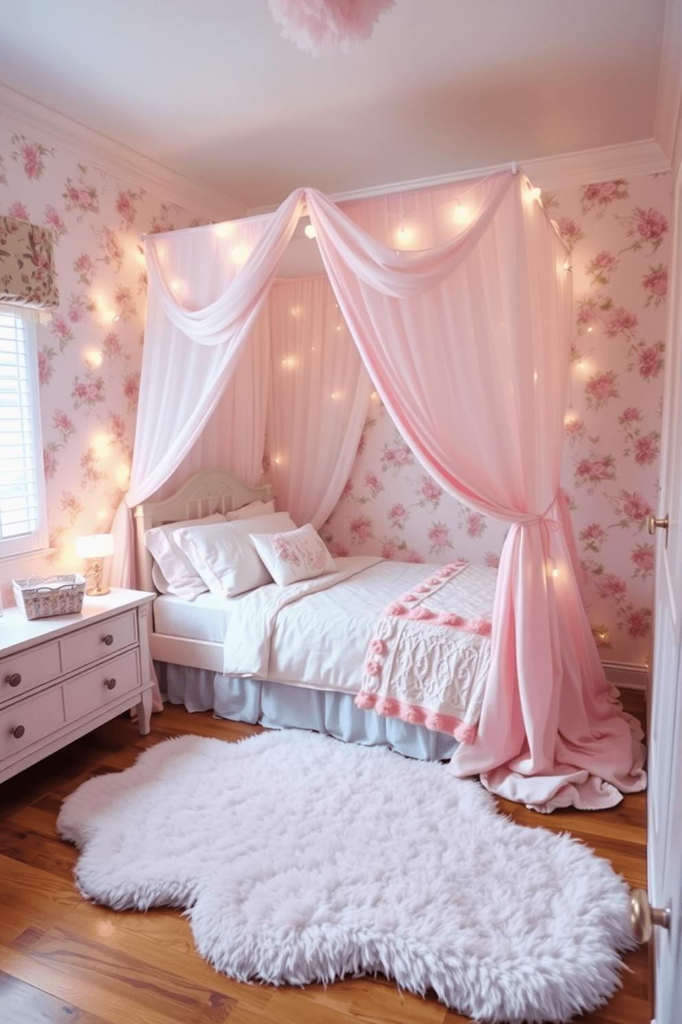 A whimsical girls bedroom inspired by a fairy tale theme. The room features a beautifully draped canopy bed adorned with soft pastel fabrics and fairy lights. Delicate floral wallpaper covers the walls, creating a dreamy atmosphere. A plush area rug in the shape of a cloud lies beneath the bed, adding comfort and charm.