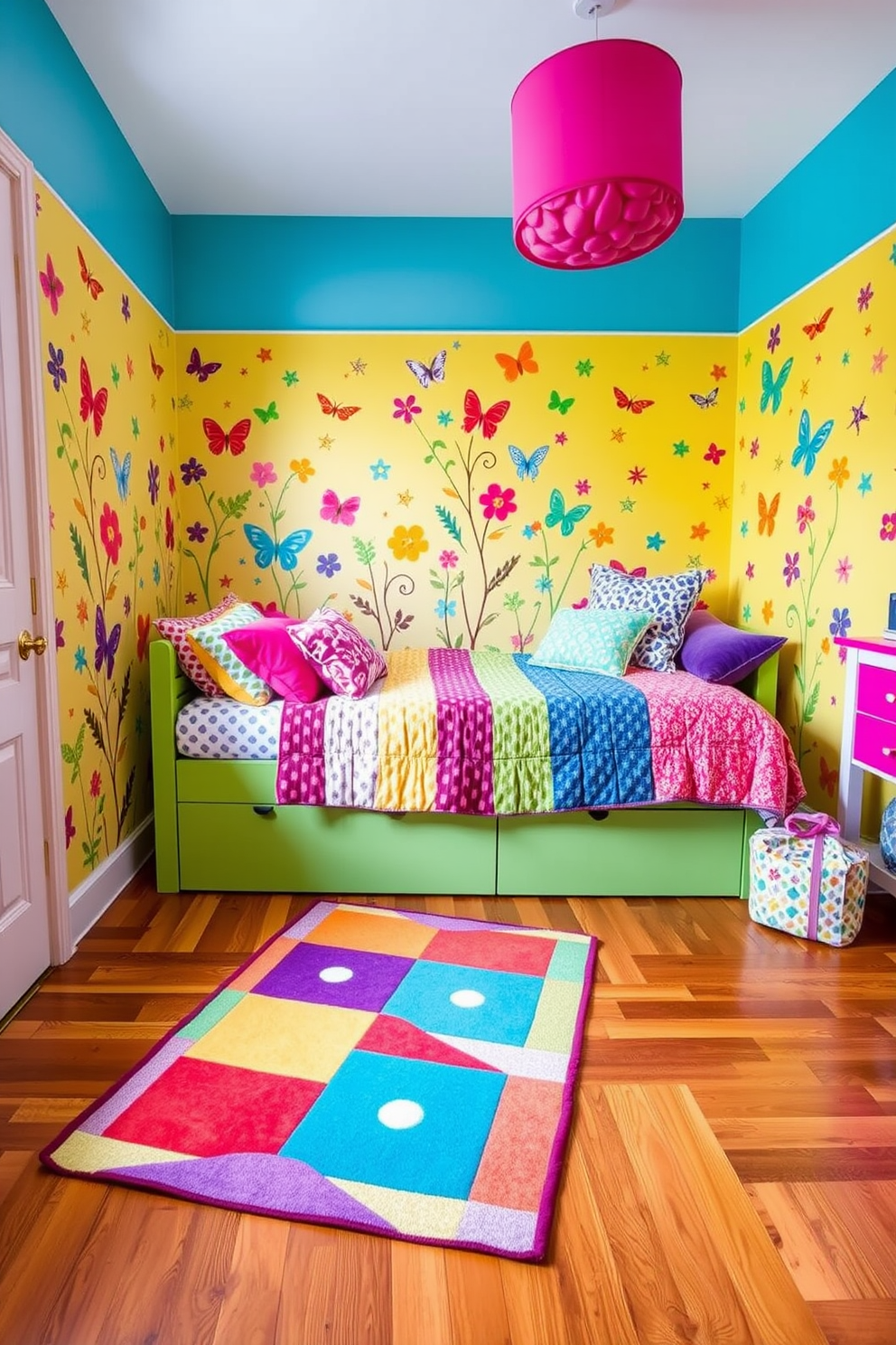 A vibrant girls bedroom filled with bright colors and playful patterns. The walls are painted in a cheerful yellow, adorned with whimsical wallpaper featuring colorful butterflies and flowers. A cozy bed with a multicolored quilt is positioned against one wall, surrounded by plush cushions in various shapes and sizes. A colorful rug with geometric patterns lies on the hardwood floor, adding warmth and fun to the space.