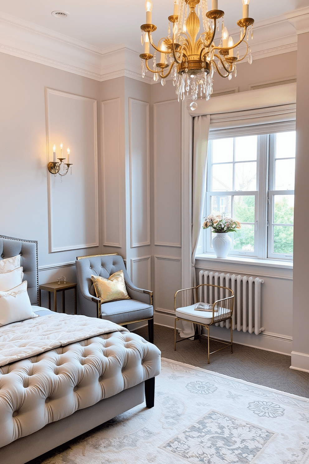 An elegant girls bedroom featuring soft gray tones throughout the space. The walls are painted in a light gray shade, complemented by gold accents in the decor, such as a stylish chandelier and decorative pillows. A plush gray bed with a tufted headboard is the focal point of the room. A cozy reading nook with a gold-framed chair and a small side table is positioned near a window, creating a perfect spot for relaxation.