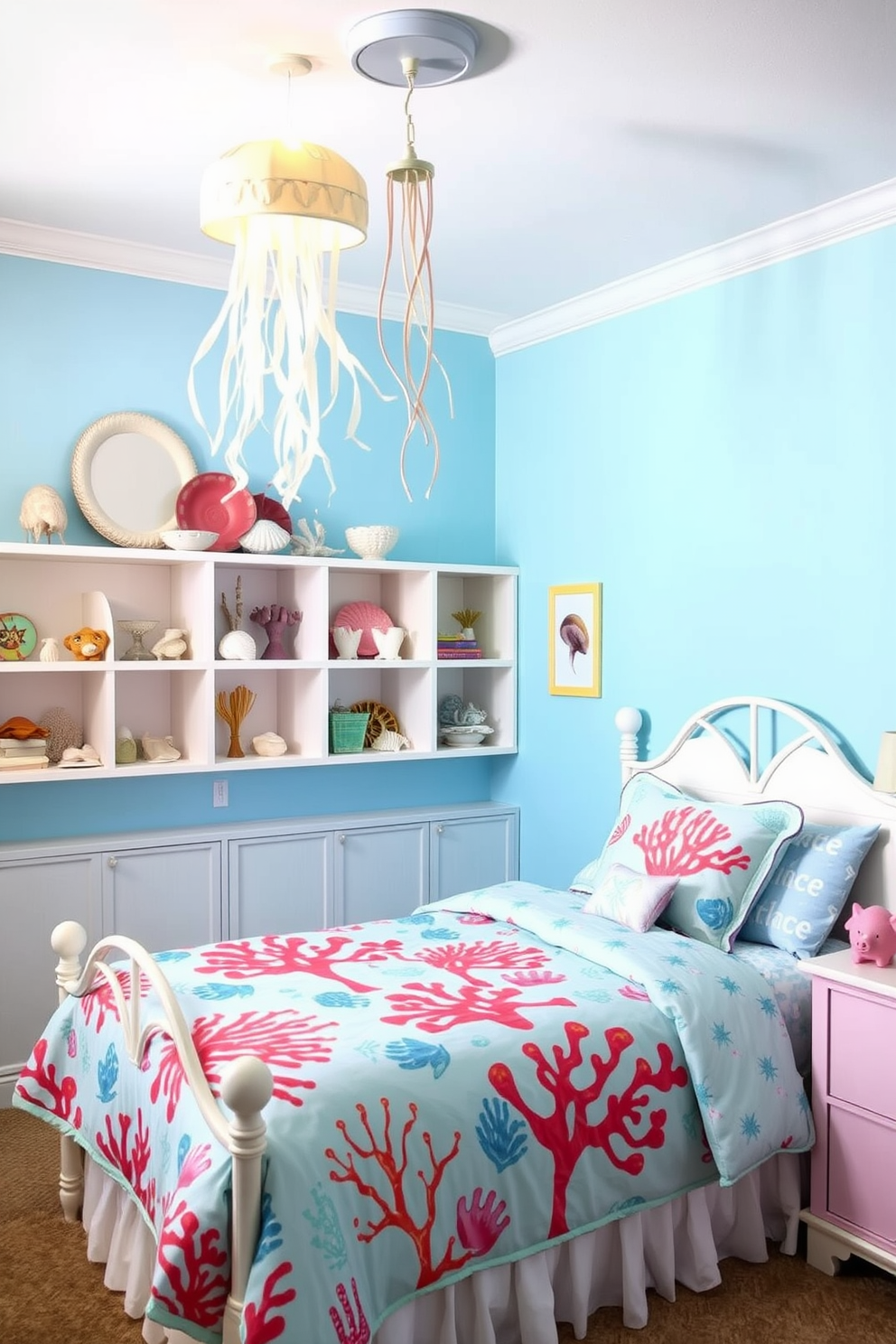 A dreamy girls bedroom designed with an underwater theme. The walls are painted in soft ocean blue hues, and the bedding features vibrant coral and sea creature patterns. A whimsical chandelier resembling jellyfish hangs from the ceiling, casting a gentle glow. Shelves are adorned with seashells and marine-themed decor, creating a playful yet serene atmosphere.