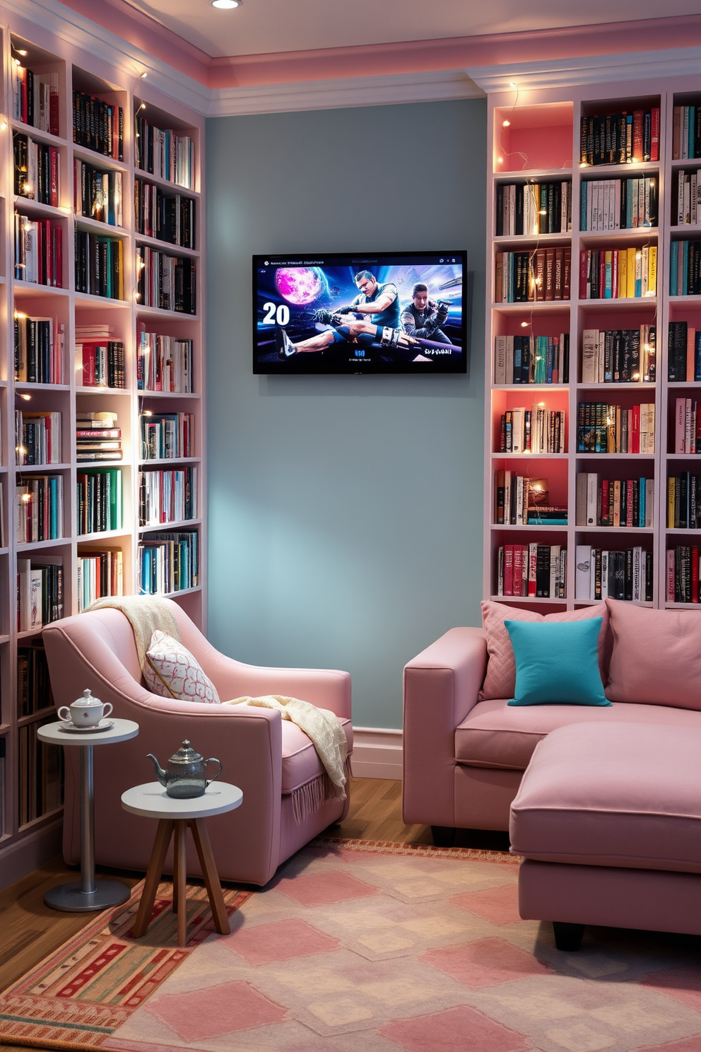 Cozy reading nook with fairy lights. There is a plush armchair in a soft pastel color, surrounded by floor-to-ceiling bookshelves filled with books. Soft fairy lights are draped around the shelves, creating a warm and inviting glow. A small side table holds a steaming cup of tea and a comfy blanket is casually thrown over the armchair. Girls Game Room Design Ideas. The room features a vibrant color palette with pink and teal accents, complemented by a large sectional sofa. A wall-mounted screen displays the latest games, while a stylish rug anchors the space, providing comfort for long gaming sessions.