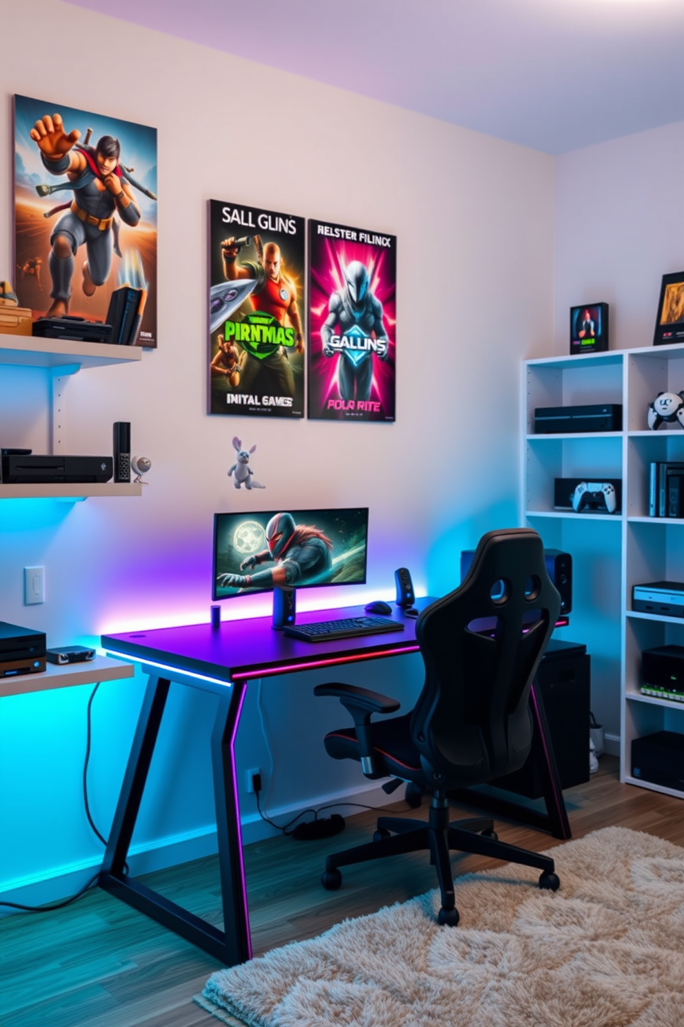 A modern gaming station featuring a sleek black desk with RGB lighting accents. The wall behind is adorned with vibrant posters of popular video games, and a comfortable gaming chair is positioned in front of the desk. The room is painted in a soft pastel color scheme, creating a cozy atmosphere. Shelves filled with gaming consoles and collectibles line one side, while a plush rug adds comfort underfoot.