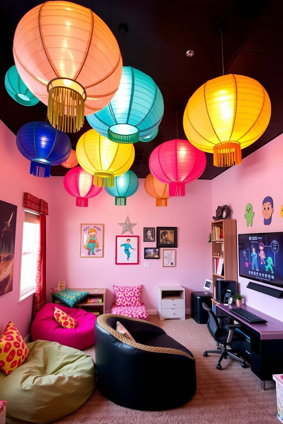 A vibrant game room designed for girls featuring fun ceiling hangings made of colorful paper lanterns. The walls are adorned with playful artwork and the furniture includes a cozy seating area with bean bags and a stylish gaming console setup.