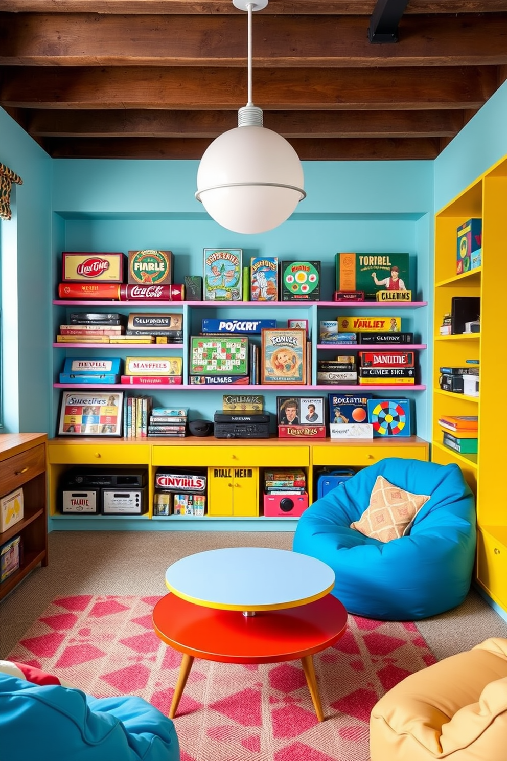 A vibrant game room filled with vintage board games showcased on colorful shelves. The walls are painted in a playful pastel hue, and a cozy seating area features bean bags and a retro coffee table.