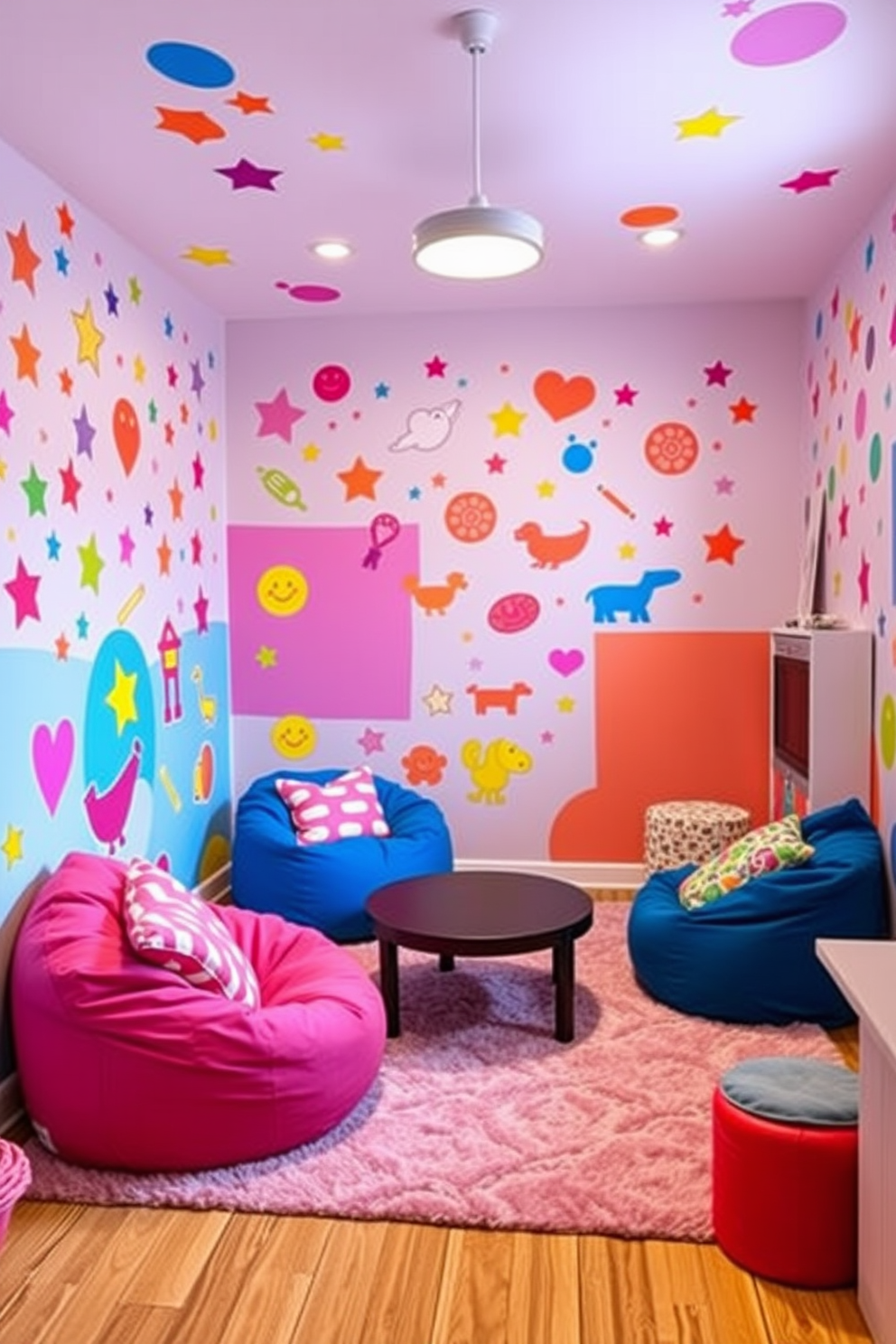 A vibrant game room filled with colorful wall decals that create a playful atmosphere. The walls are adorned with whimsical designs featuring stars, animals, and geometric shapes in bright hues, enhancing the fun and energetic vibe of the space. A cozy seating area with bean bags and a low table invites relaxation and gaming. The floor is covered with a soft rug that complements the colorful decor, making the room a perfect retreat for girls to enjoy games and creativity.