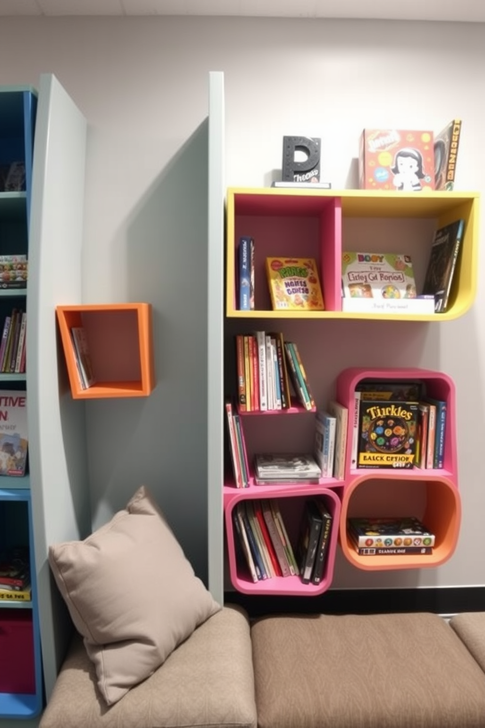 Creative shelving for books and games. The shelves are designed with a playful aesthetic, incorporating vibrant colors and unique shapes to engage young minds. The arrangement includes a mix of open and closed storage, allowing for both display and organization. Soft, cushioned seating is placed nearby, creating a cozy reading nook for relaxation and play.