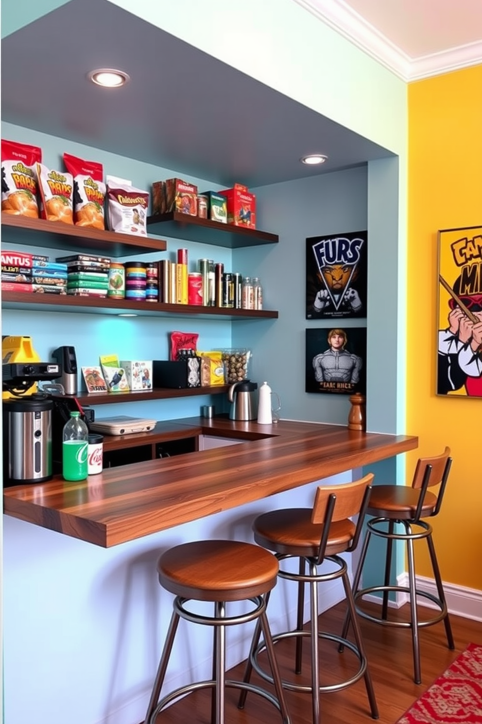 A cozy mini snack bar designed for game nights. The bar features a sleek wooden countertop with high stools and shelves stocked with snacks and drinks. Bright, playful colors adorn the walls, creating an inviting atmosphere. Fun wall art and gaming posters enhance the lively vibe of the girls game room.