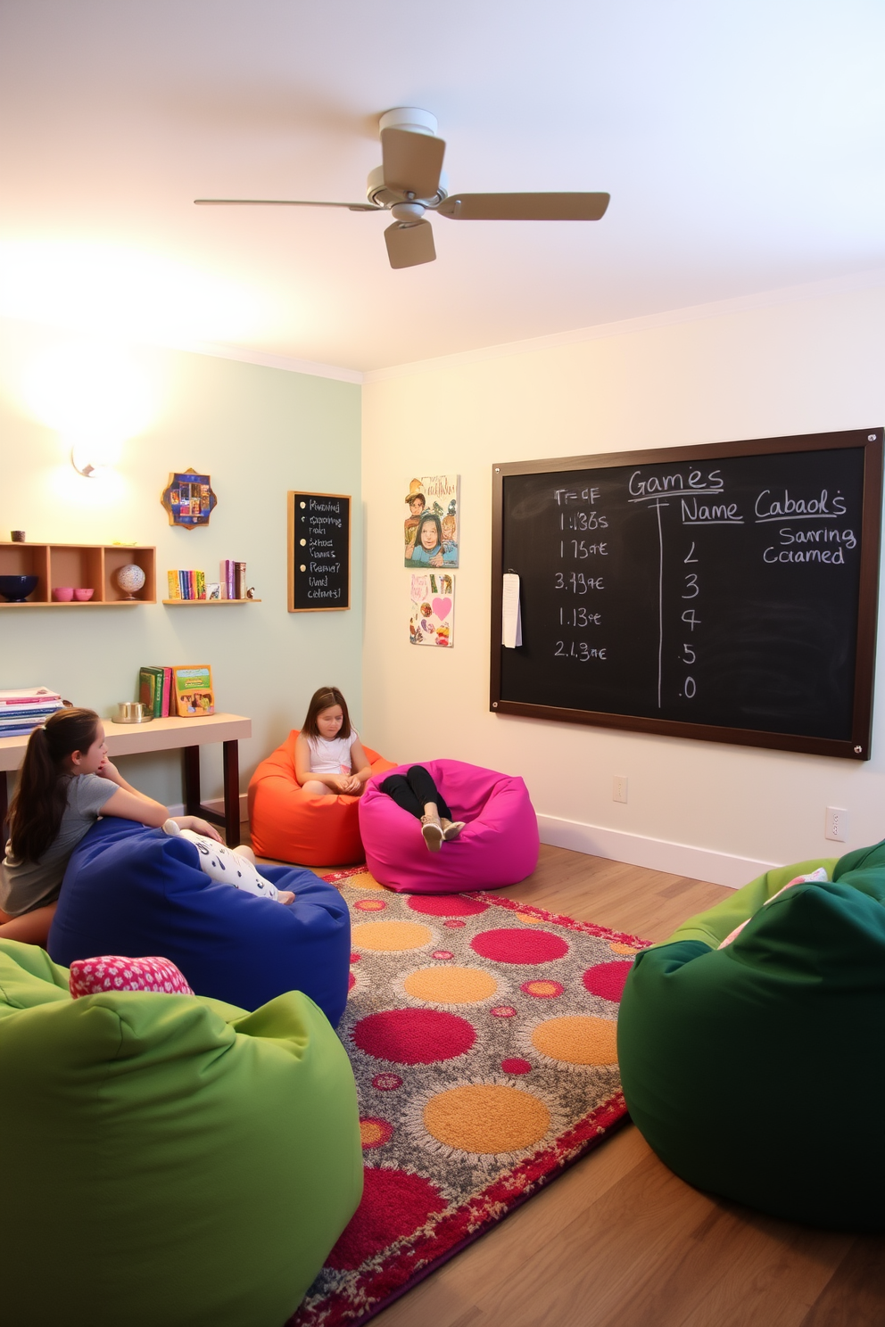 A vibrant game room designed for girls featuring a large chalkboard mounted on the wall for keeping track of game scores. The space is filled with colorful bean bags and a cozy rug, creating a fun and inviting atmosphere for friends to gather and play.