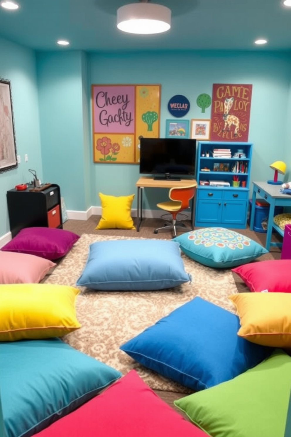 A vibrant game room designed for girls features colorful floor cushions scattered throughout the space, providing flexible seating options. The walls are adorned with playful artwork, and a cozy rug anchors the seating area, creating an inviting atmosphere for fun and relaxation.