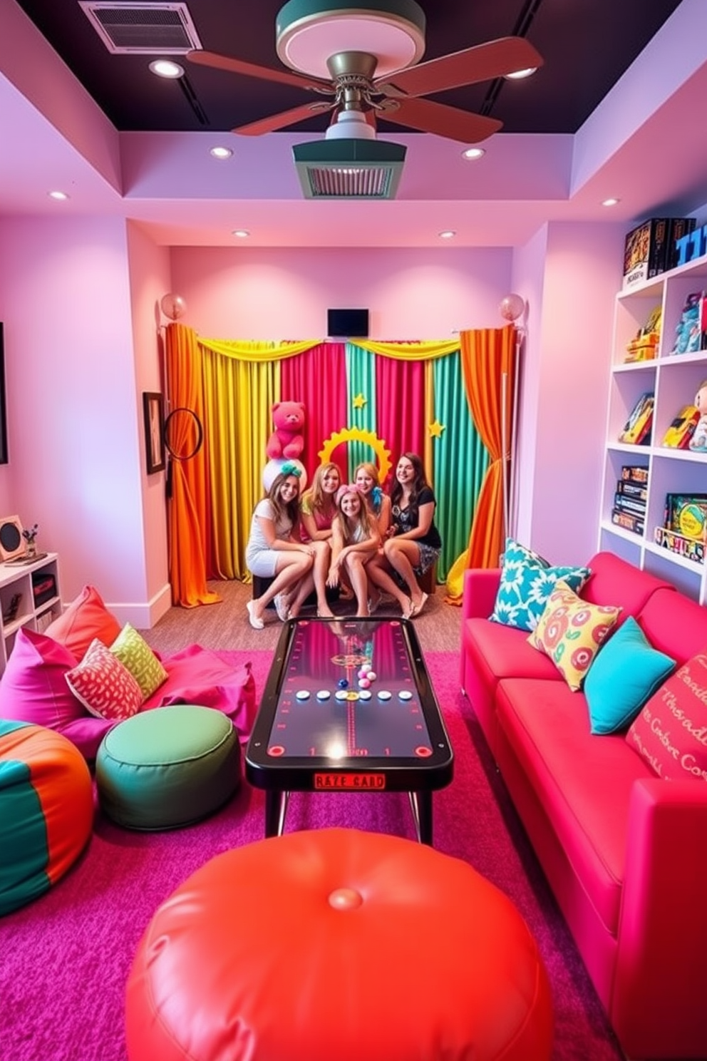 A vibrant girls game room featuring a fun photo booth area. The photo booth is adorned with colorful backdrops and playful props, creating an inviting space for friends to capture memories. The game room includes a cozy seating arrangement with bean bags and a large sectional sofa in bright, cheerful colors. A stylish game table is positioned in the center, surrounded by shelves filled with board games and plush toys for added fun.