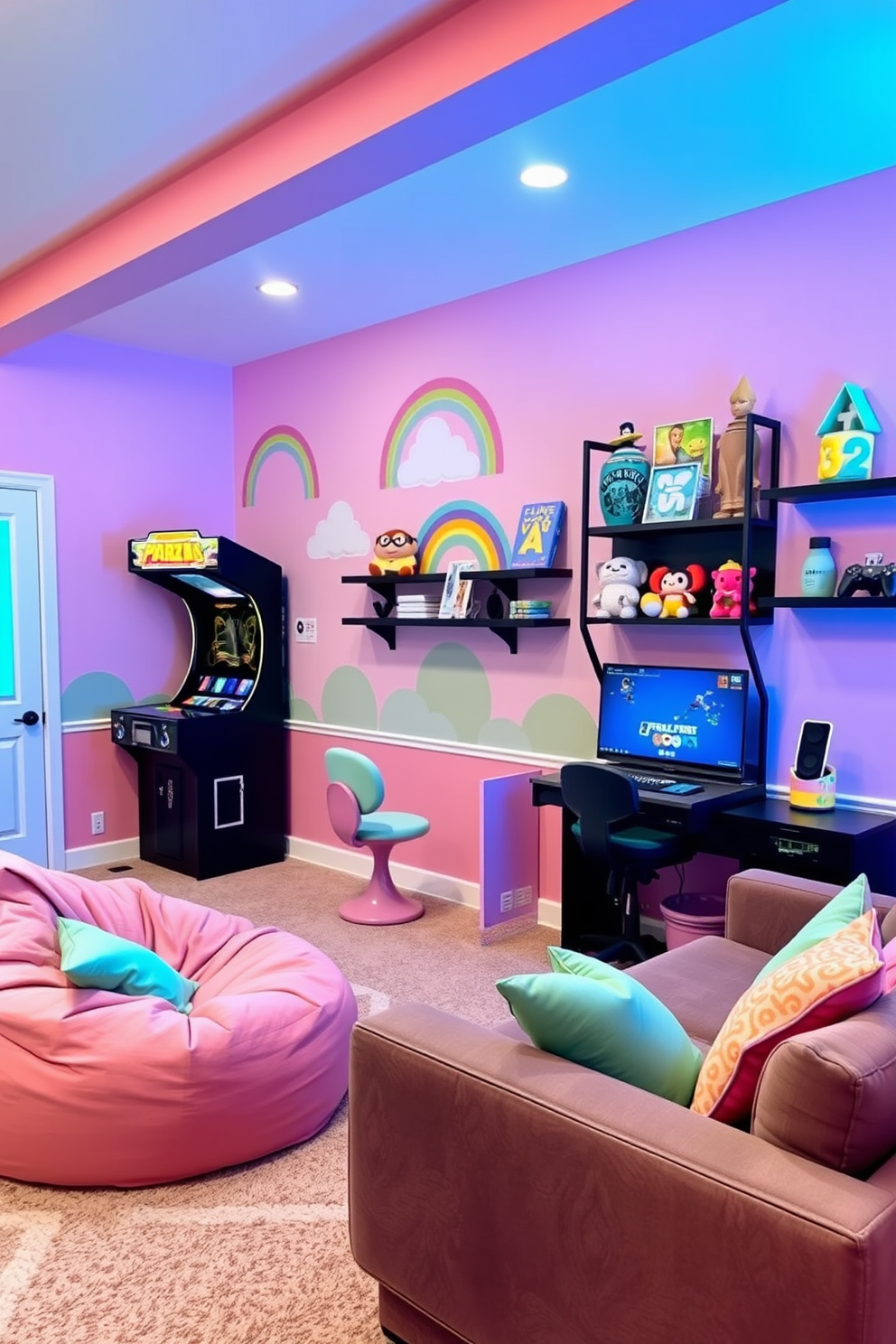 A vibrant game room designed for girls featuring a pastel color scheme. The walls are painted in soft pink with accents of mint green and lavender throughout the space. A cozy seating area includes a plush, oversized bean bag chair and a stylish sofa adorned with colorful throw pillows. A whimsical wall mural of clouds and rainbows adds a playful touch to the atmosphere. The game area is equipped with a modern arcade machine and a sleek gaming console setup. Decorative shelves display fun collectibles and plush toys, enhancing the lively ambiance.