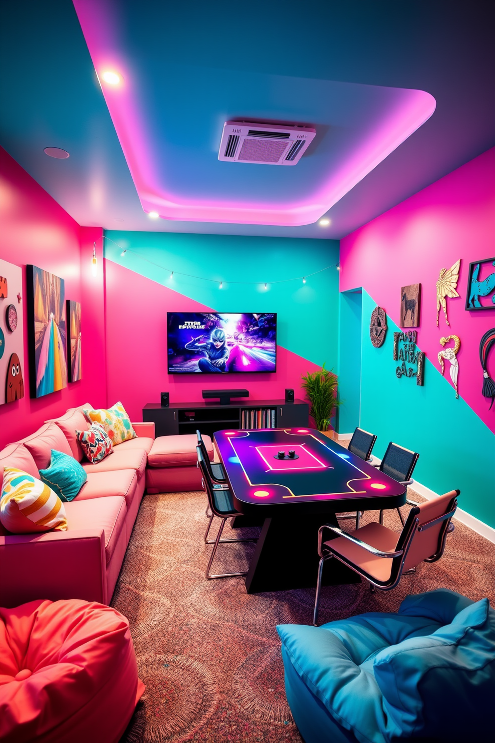 A vibrant game room designed for girls features bold pink and teal walls that energize the space. The room includes a plush sectional sofa adorned with colorful throw pillows and a large wall-mounted TV for gaming. A sleek gaming table with neon accents is positioned in the center, surrounded by stylish chairs. Fun wall art and string lights create a playful atmosphere, while a cozy corner nook with bean bags invites relaxation and socializing.