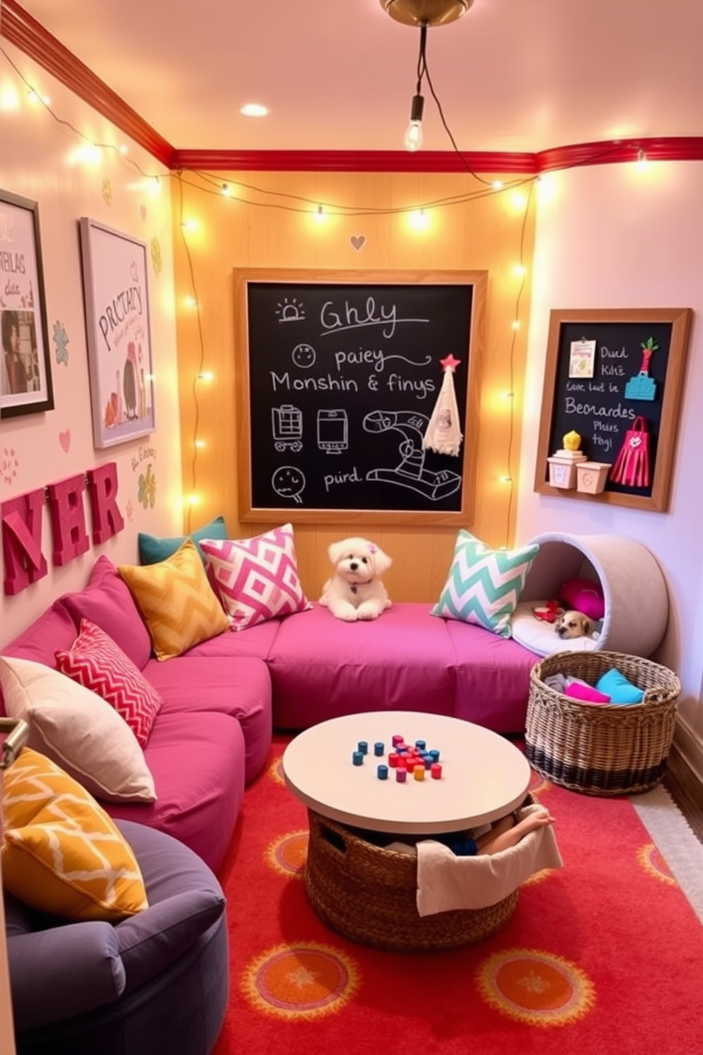 A vibrant game room designed for girls features a cozy seating area with plush bean bags and colorful throw pillows. The walls are adorned with playful artwork and a chalkboard for doodling, while a dedicated pet corner includes a stylish pet bed and toys neatly organized in a basket. The space is illuminated by soft string lights, creating a warm and inviting atmosphere. A small table is set up for games, surrounded by cheerful decor that reflects the personalities of its young inhabitants.