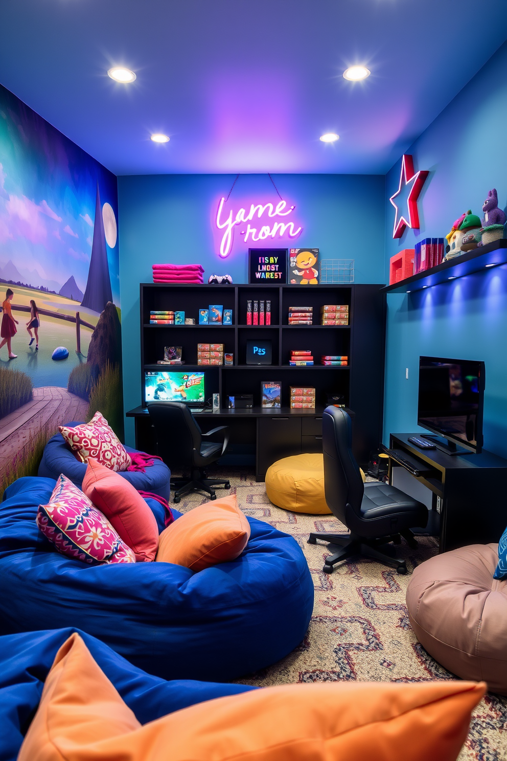 A vibrant game room designed for girls featuring a large mural of a favorite scene on one wall. The room is filled with cozy bean bags and colorful cushions, creating a playful and inviting atmosphere. There is a stylish gaming console setup with sleek shelves displaying games and accessories. A fun neon sign adds a whimsical touch to the overall decor, enhancing the lively vibe of the space.