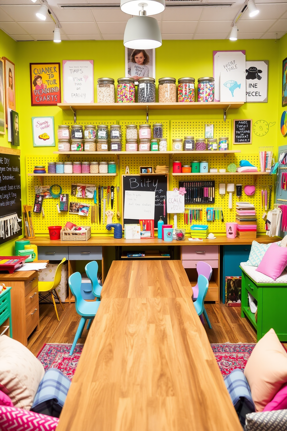 A vibrant DIY craft station filled with colorful supplies and tools. The walls are adorned with inspirational artwork and pegboards displaying various craft materials. In the center, a large wooden table provides ample workspace, surrounded by comfortable chairs in pastel colors. Shelves above the table hold jars filled with beads, paints, and papers, creating an organized and inviting atmosphere. The room features playful accents like a chalkboard wall for doodling and a cozy reading nook with plush cushions. Bright lighting enhances the cheerful ambiance, making it the perfect space for creativity and fun.