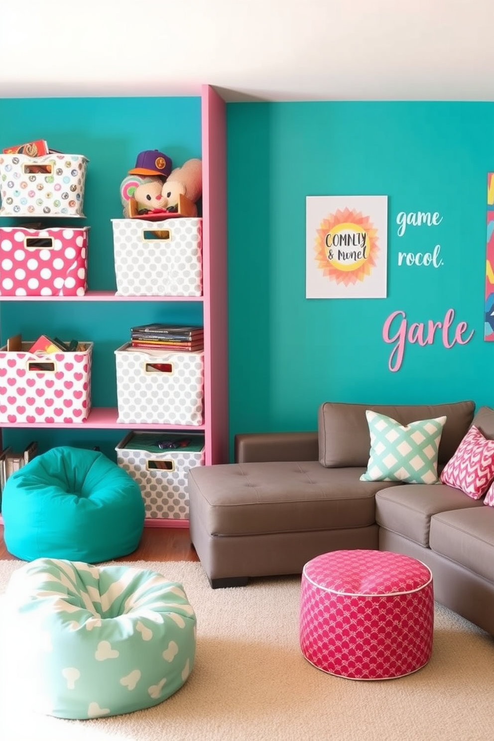 Stylish storage bins are arranged neatly along the walls of a vibrant game room designed for girls. The bins feature playful patterns and colors, adding a fun and functional element to the space while keeping toys and games organized. The game room is filled with comfortable seating options, including a cozy bean bag chair and a chic sectional sofa. Bright artwork and inspirational quotes adorn the walls, creating an inviting atmosphere for relaxation and play.