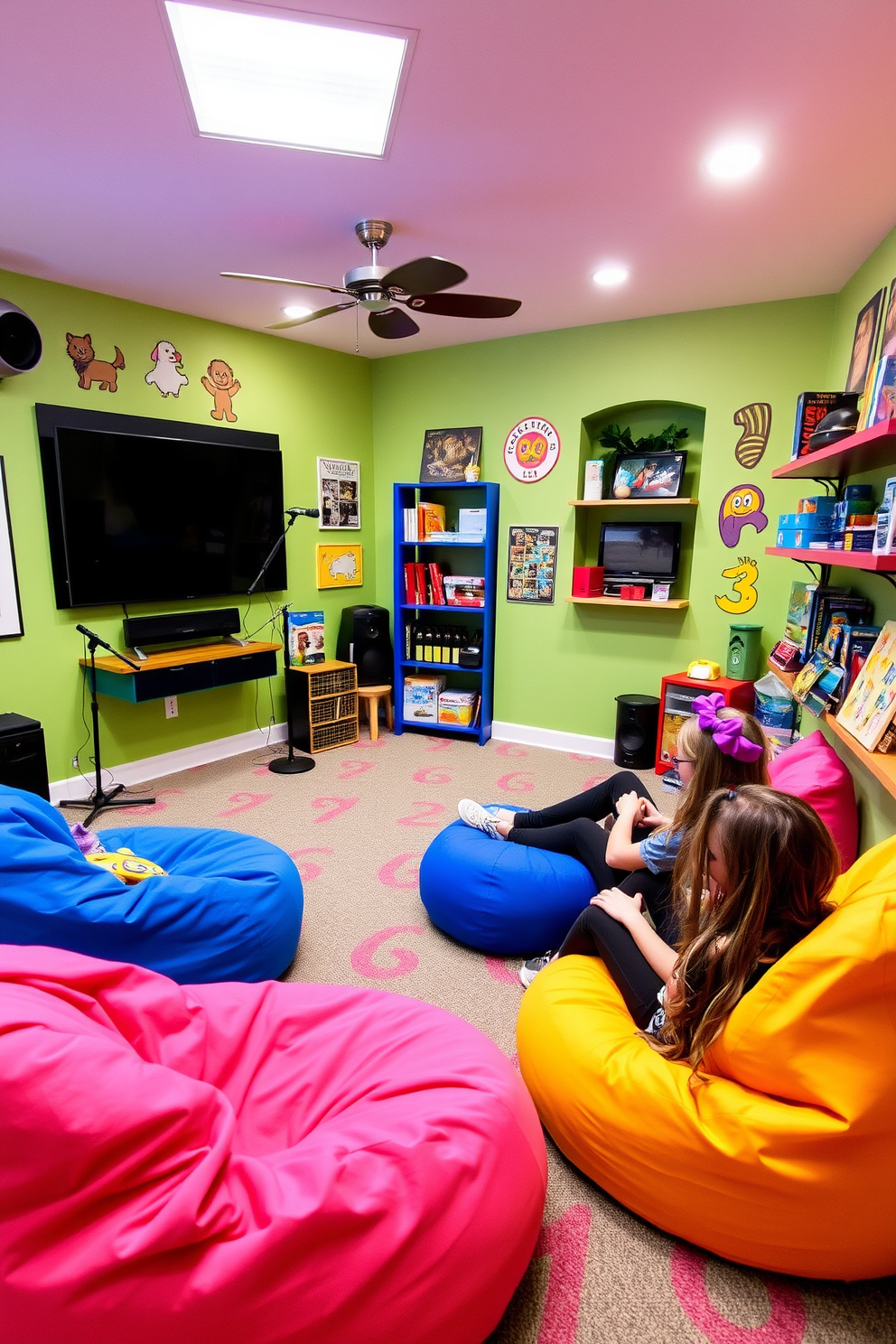 A vibrant girls game room designed for fun and creativity. The space features a cozy lounge area with colorful bean bags and a large wall-mounted screen for gaming. In one corner, a small stage is set up with soft lighting and a microphone for performances. The walls are adorned with playful artwork and shelves filled with games and toys, creating an inviting atmosphere.