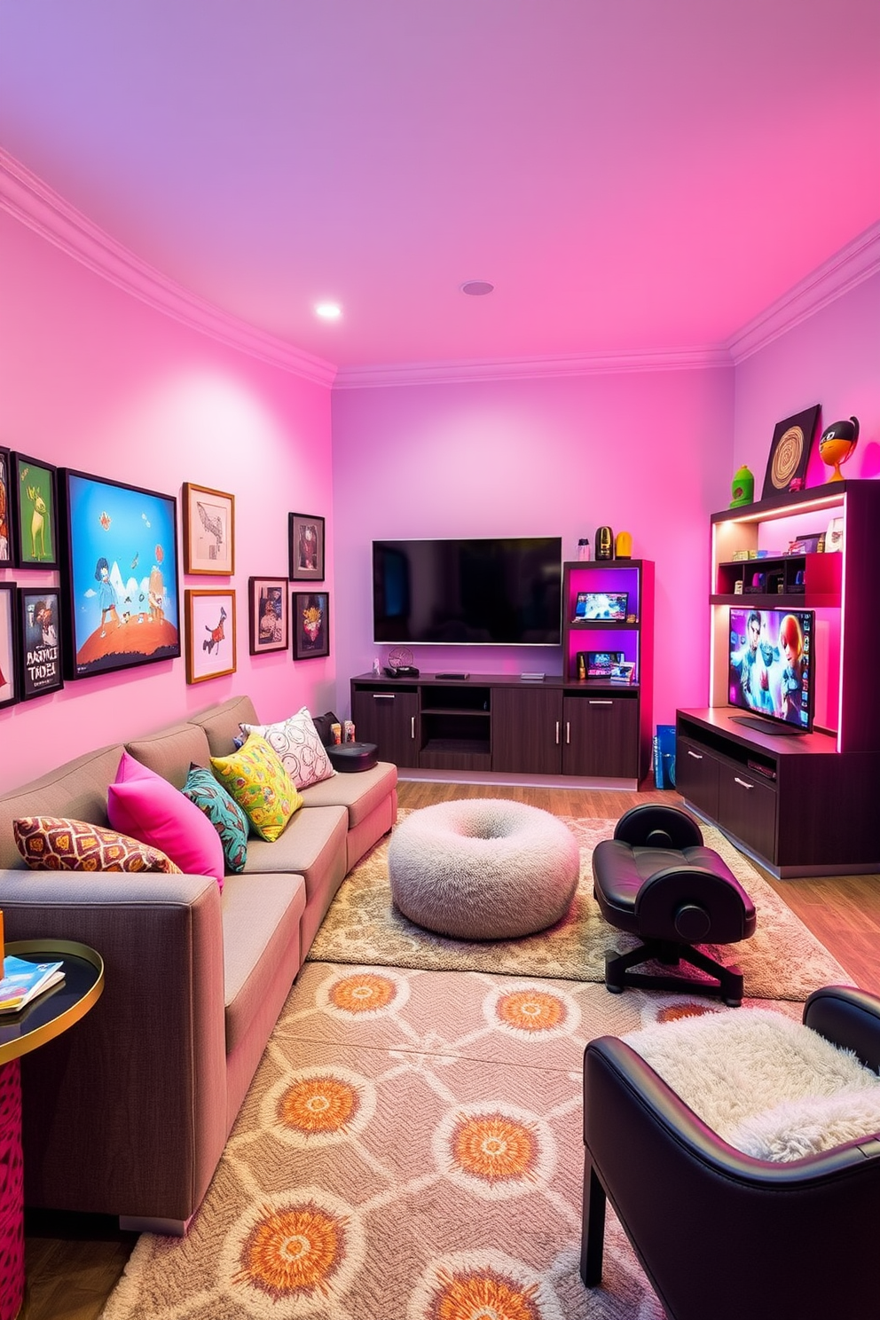 A vibrant game room designed for girls features a cozy sectional sofa adorned with colorful throw pillows. The walls are painted in a soft pastel hue, and a large wall-mounted screen is set up for gaming, surrounded by playful artwork. In one corner, a stylish gaming console area is complete with a sleek entertainment unit and shelves filled with games and accessories. A plush area rug in fun patterns adds warmth to the space, while a small table with snacks and drinks ensures a perfect gaming experience.