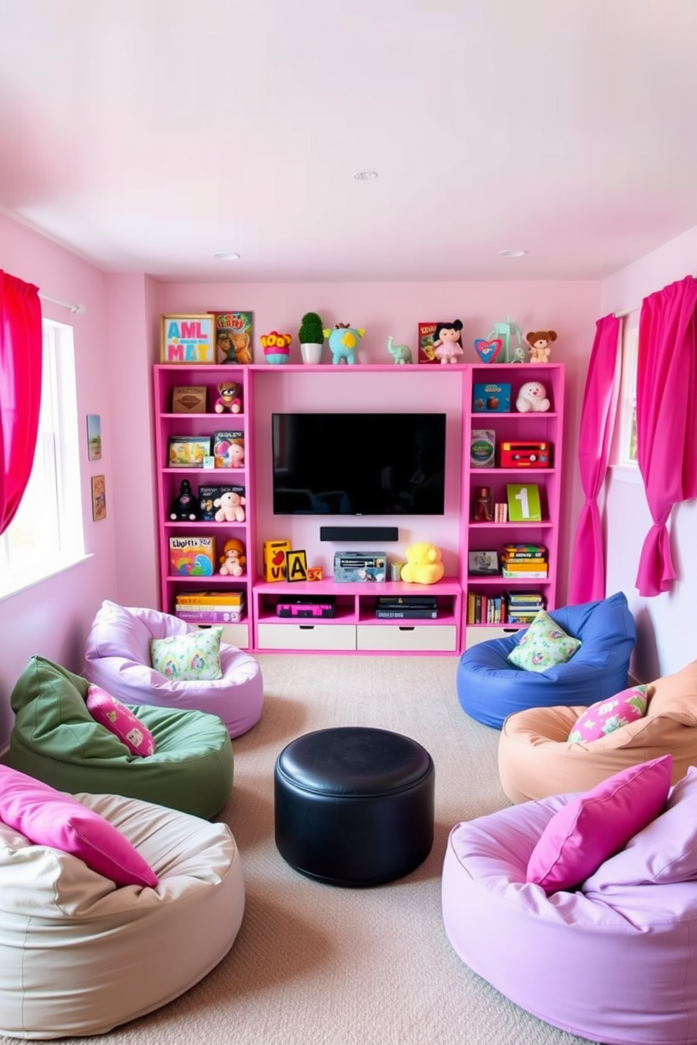 A vibrant girls game room filled with playful decor and comfortable seating. The walls are painted in a soft pastel color, and colorful bean bags are scattered around the room for lounging. A large wall-mounted TV is the focal point, surrounded by shelves filled with board games and plush toys. Bright curtains frame the windows, adding a touch of whimsy while creating a cozy atmosphere.