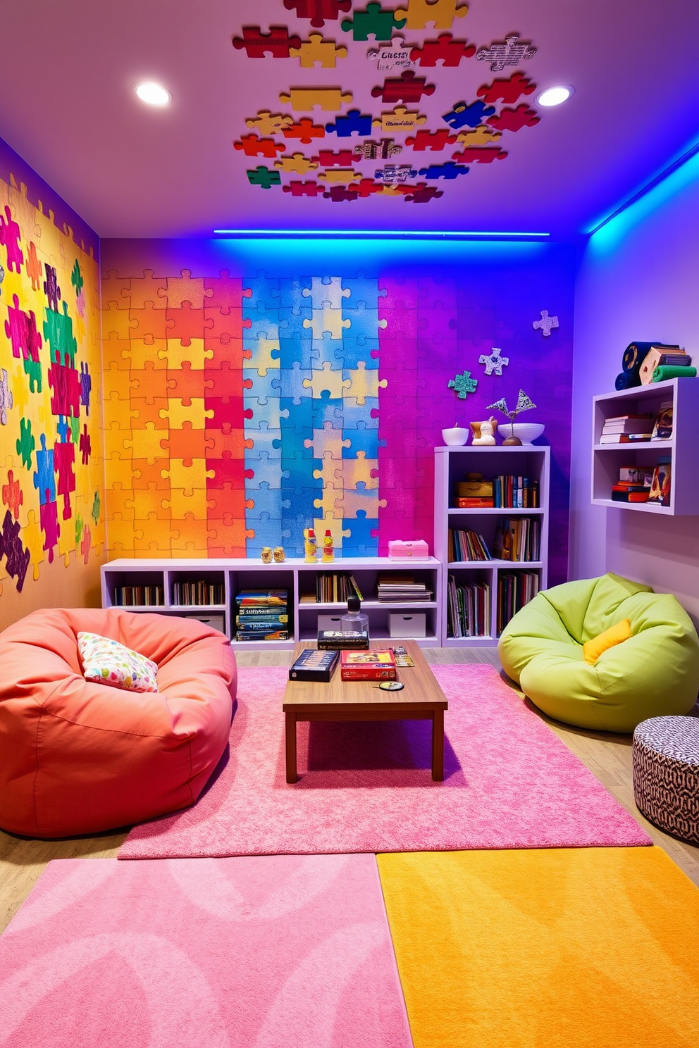 A vibrant game room designed for girls featuring interactive puzzles as wall art. The walls are adorned with colorful puzzle pieces that can be rearranged, creating a playful and engaging atmosphere. The room includes a cozy seating area with bean bags in pastel shades and a low coffee table for game play. Brightly colored rugs add warmth to the space, while shelves display board games and books for easy access.