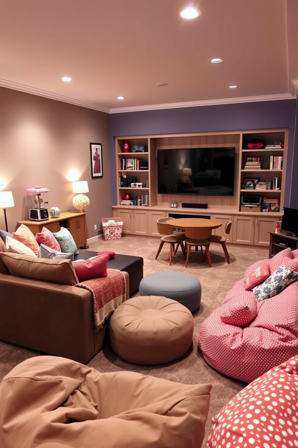 A cozy movie-watching area features a plush sectional sofa adorned with soft throw pillows and a warm blanket. A large flat-screen TV is mounted on the wall opposite the seating, with a stylish media console underneath. The room is softly illuminated by dimmable recessed lighting and a few strategically placed floor lamps. A popcorn machine sits in one corner, adding a fun touch, while movie posters decorate the walls for a personal flair. The girls game room design includes a vibrant color palette with playful accents throughout. A large gaming table is surrounded by comfortable chairs, perfect for long gaming sessions with friends. Shelves are filled with board games and gaming consoles, creating an inviting atmosphere. A cozy nook with bean bags and cushions offers a perfect spot for relaxation between games.