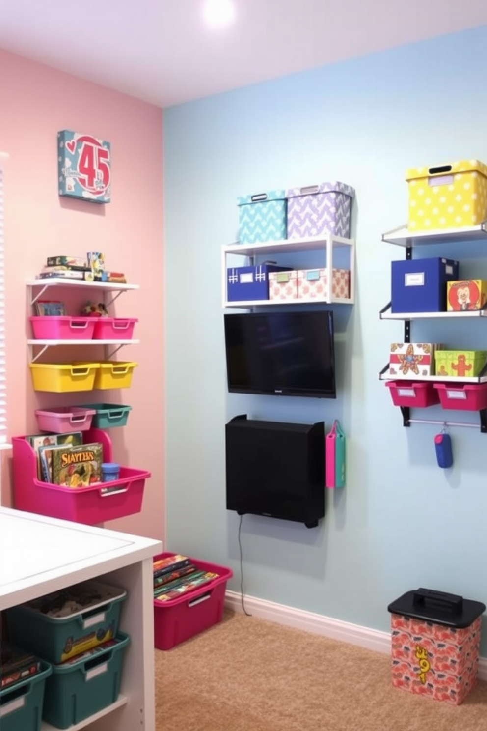 A vibrant game room designed for girls featuring wall-mounted storage solutions for easy access to games and accessories. The walls are painted in a playful pastel color, and shelves are adorned with colorful bins and decorative boxes to keep the space organized and fun.