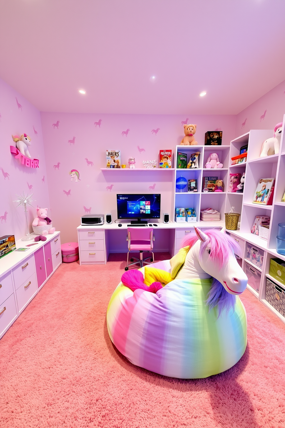 A whimsical girls game room designed with a unicorn theme. The walls are painted in soft pastel colors, adorned with unicorn wall decals and fairy lights twinkling above. A plush pink carpet covers the floor, providing a cozy area for play. In the center, a large, colorful bean bag chair shaped like a unicorn invites relaxation and fun. A gaming console is set up on a sleek white desk decorated with sparkly accessories. Shelves filled with unicorn-themed games and plush toys line the walls, creating a vibrant and playful atmosphere.