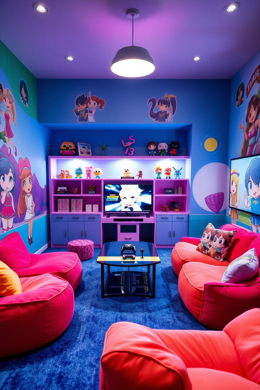 A vibrant game room designed for girls featuring decor inspired by their favorite characters. The walls are adorned with colorful murals depicting beloved characters, and plush seating in bright hues creates a cozy atmosphere for gaming. A large gaming console is positioned in the center with a stylish coffee table surrounded by bean bags and plush cushions. Shelves display character-themed collectibles, while soft lighting adds a playful yet inviting ambiance to the space.