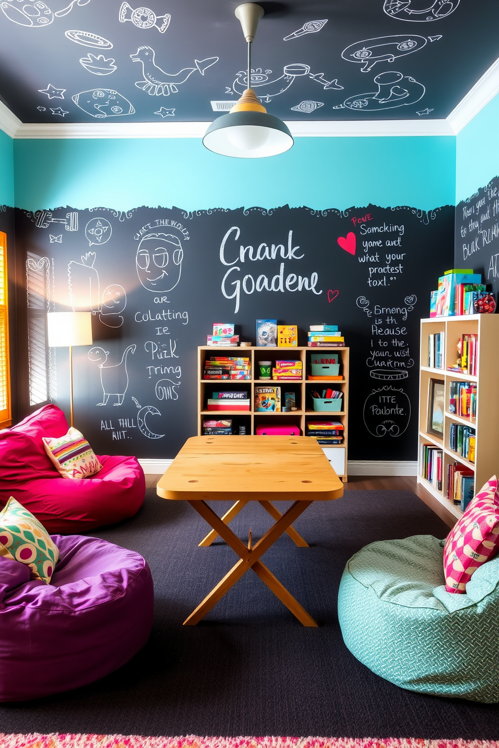 Interactive wall art with chalkboard paint creates a fun and engaging atmosphere in a girls game room. The walls are adorned with colorful chalk drawings and inspiring quotes, inviting creativity and play. The room features cozy seating arrangements with bean bags and vibrant cushions. A stylish game table is placed in the center, surrounded by shelves filled with board games and art supplies.