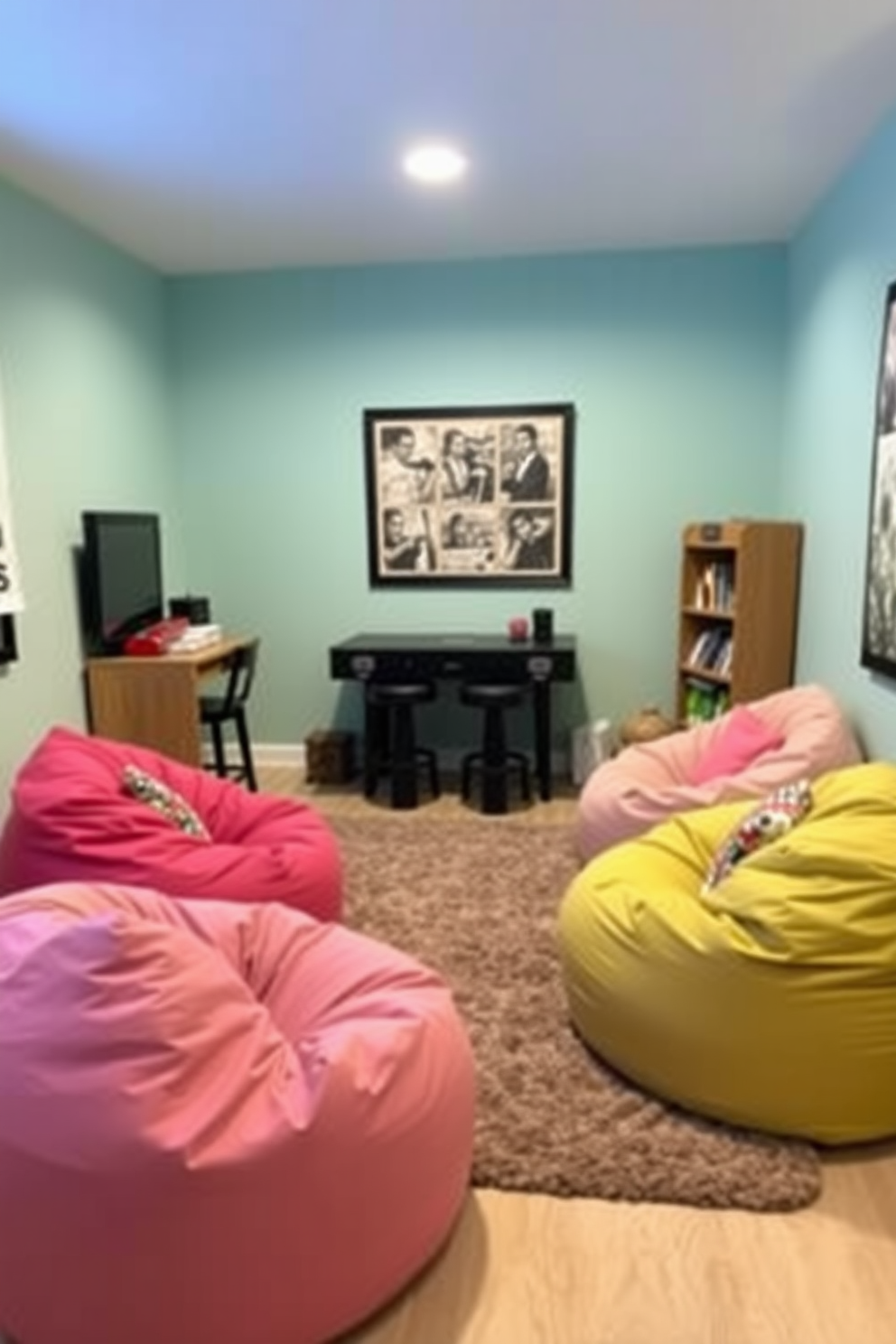 A cozy game room featuring bean bag seating arranged for comfort and style. The walls are painted in a playful pastel color, and the floor is covered with a soft area rug to create a warm atmosphere.