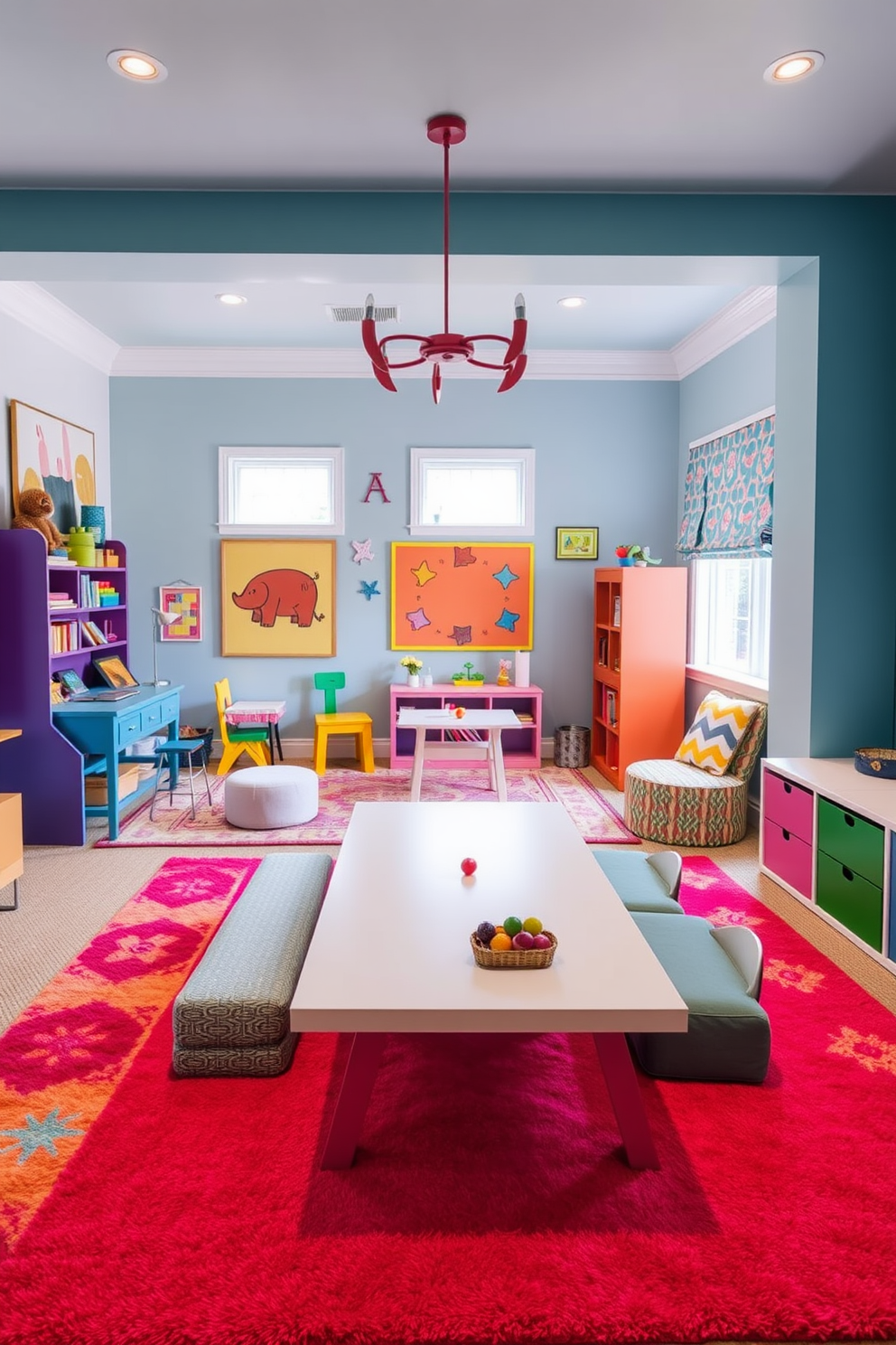 Bright rugs to define play areas create a vibrant and inviting atmosphere for a girls game room. The space features a mix of colorful furniture, playful wall art, and cozy seating arrangements that encourage creativity and fun.