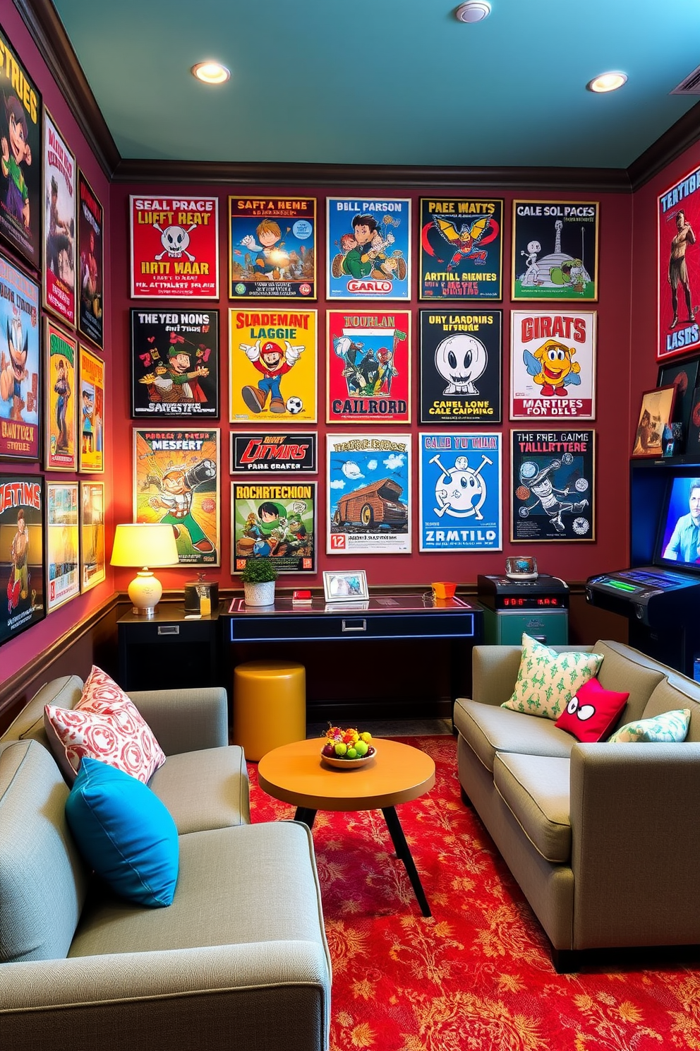 A vibrant game room featuring a gallery wall adorned with favorite game posters. The room is filled with comfortable seating and playful decor elements that reflect a fun and inviting atmosphere.