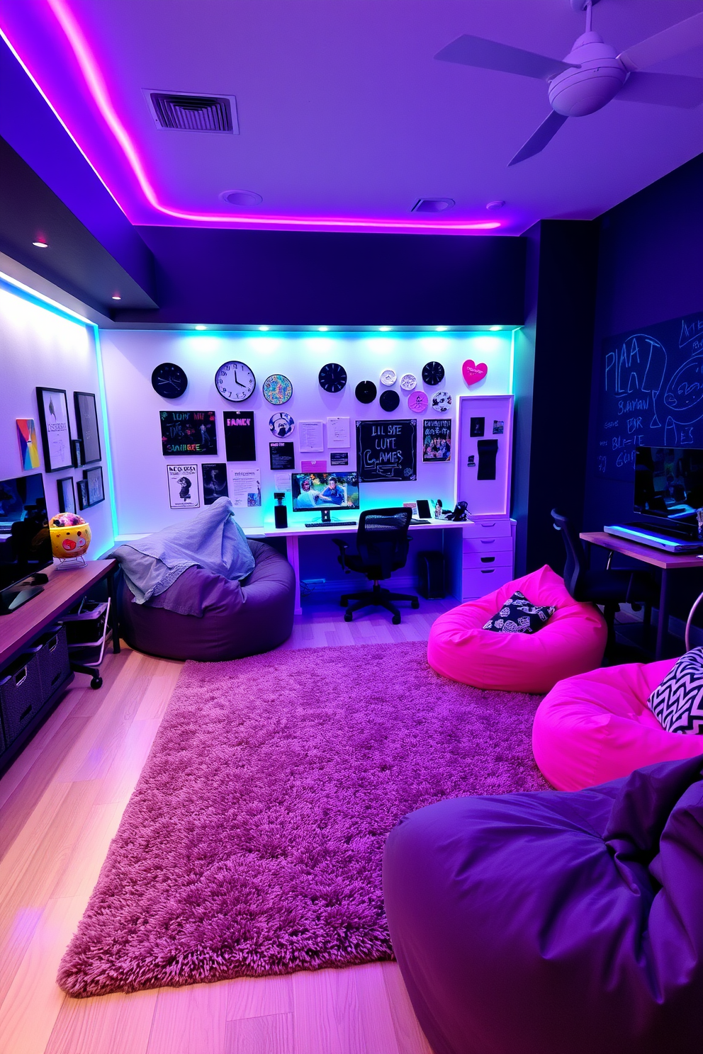 A vibrant girls game room filled with customizable LED lighting that changes colors to match the mood. The space features a cozy seating area with bean bags and a large, plush rug, creating a welcoming atmosphere for friends to gather and play. The walls are adorned with playful art and posters, while a stylish gaming station includes a sleek desk and ergonomic chair. A fun, interactive wall with a chalkboard or whiteboard adds a creative touch, allowing for spontaneous drawings and notes.