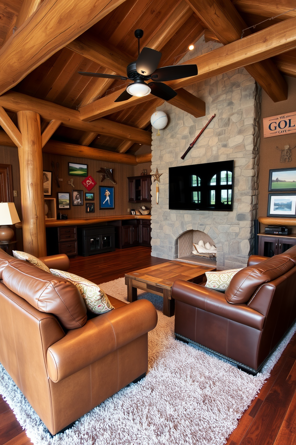 A rustic golf man cave featuring exposed wood beams and natural stone accents. The space includes a comfortable leather sofa and a reclaimed wood coffee table, creating a warm and inviting atmosphere. A large flat-screen TV is mounted on a stone feature wall, surrounded by golf memorabilia and artwork. The flooring is a rich hardwood, complemented by a plush area rug that adds texture and warmth to the room.