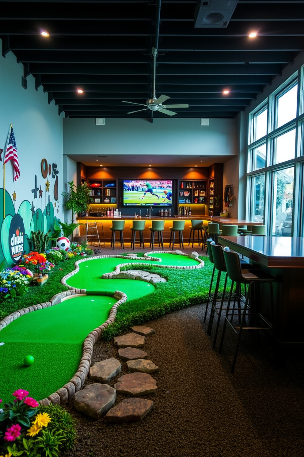 A whimsical miniature golf course designed for entertainment features vibrant greens and playful obstacles. The course is surrounded by lush landscaping, with colorful flowers and decorative lighting creating a fun atmosphere. The golf man cave is a cozy retreat adorned with sports memorabilia and comfortable seating. A custom bar with high stools complements the space, while a large screen displays live sports events for an immersive experience.