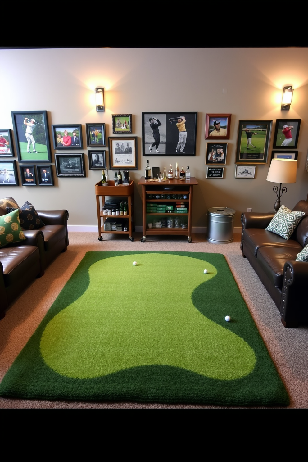 A cozy golf-themed area rug lies in the center of a stylish man cave, featuring vibrant greens and subtle patterns reminiscent of a golf course. Surrounding the rug are plush leather seating options and a wooden bar cart stocked with golf-themed decor and drinks. The walls are adorned with framed memorabilia from famous golf tournaments, creating an immersive atmosphere. Soft lighting fixtures cast a warm glow, enhancing the inviting ambiance of this dedicated space for golf enthusiasts.