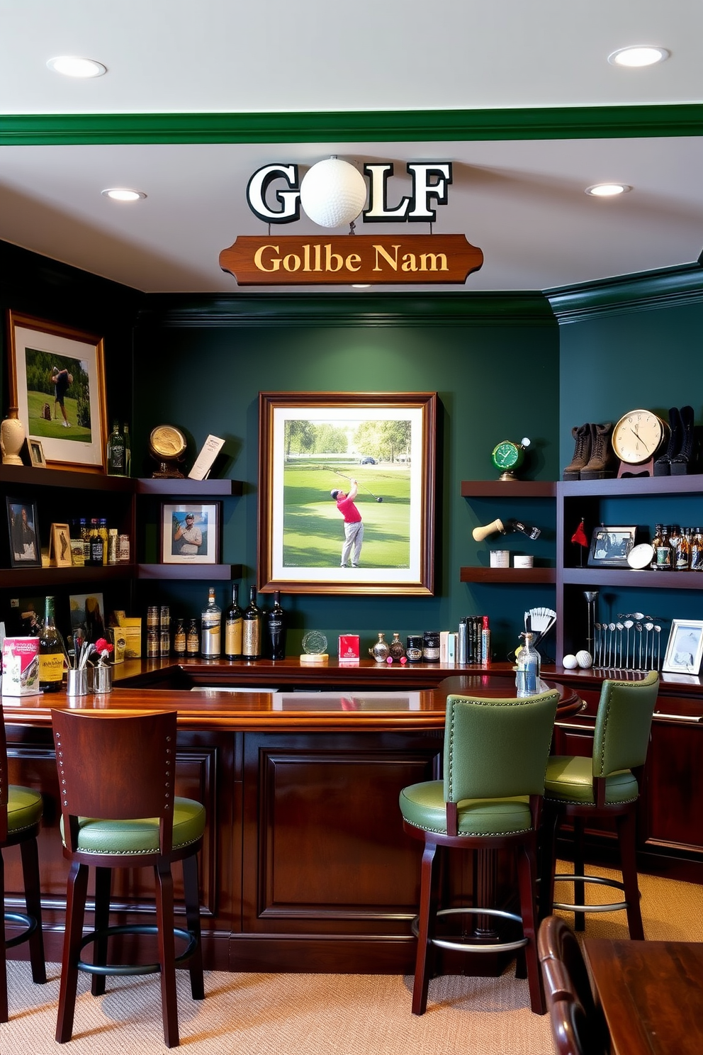 A personalized golf name sign hangs prominently above a stylish bar area designed for the ultimate golf enthusiast. The bar features a rich wooden countertop with high-backed stools, surrounded by memorabilia and framed golf photographs that celebrate the sport. The walls are adorned with deep green paint, reminiscent of a lush golf course, while shelves display an impressive collection of golf clubs and accessories. Soft lighting creates a warm and inviting atmosphere, perfect for relaxing after a round of golf with friends.