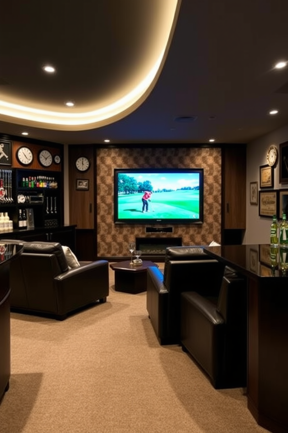 A stylish man cave designed for watching golf tournaments features a large flat screen TV mounted on a feature wall with sports memorabilia. Comfortable leather seating is arranged for optimal viewing, complemented by a sleek bar area stocked with refreshments and golf-themed decor.